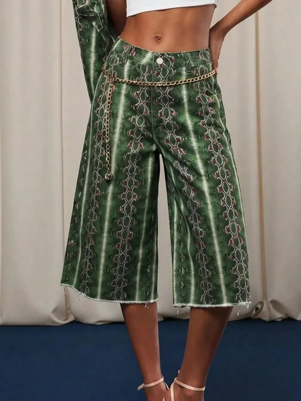 Green Casual Women's Baggy Zipper Fly Loose Capri Wide Leg Jeans